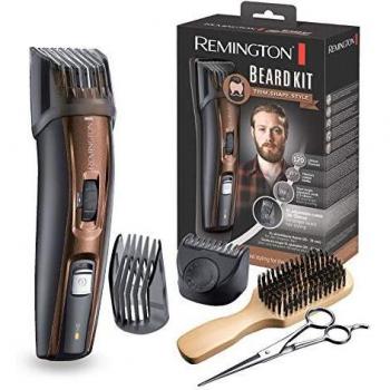 Remington Recortadora de Barba Beard Kit - Barbero, Cuchillas de Titanio, 5 Accesorios, Con o Sin Cable, Negro y Marrón - MB4046