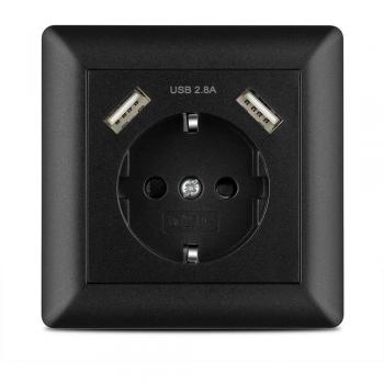 Enchufe pared USB 3.4A Negro, Kaifire Schuko Toma de corriente con 2 puertos USB System 55 Instalación empotrado - Cargador para Smartphone Tablet MP3