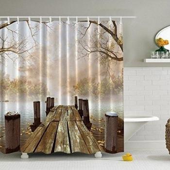 Otoño De Madera Puente Cortina De La Ducha, Impresión Digital Tejido De Poliéster Impermeable a Prueba De Moho El Cuarto De Baño Cortina Con 12 Ganchos,180 x 180 cm/71x71