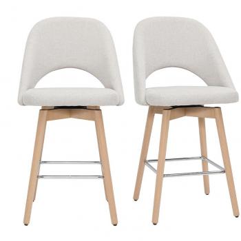 Set de 2 taburetes de cocina nórdicos Cosette de tela efecto aterciopelado texturizado beige y madera de caucho maciza 65 cm