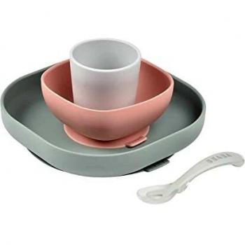 BÉABA, Set Vajilla Silicona Comida Bebé, Con Ventosa, Antideslizante, 4 Piezas, Plato + Bol + Vaso + Cuchara, Silicona Sana y Duradera, Apto Lavavajillas, Microondas, Eucalipto