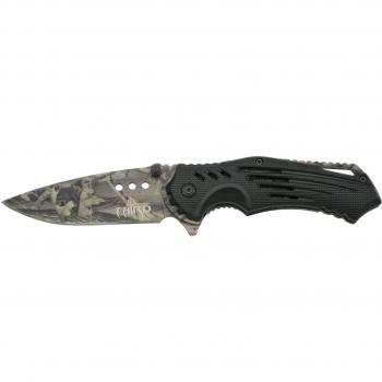 Navaja asistida Third K2800CAQ con mango de ABS negro y hoja de acero inoxidable de 10 cm, recubierta en camuflaje, con clip y funda de nylon