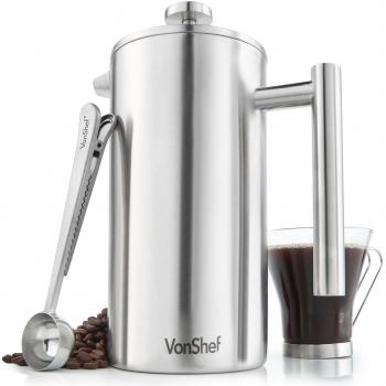 VonShef Cafetera de 12 Tazas VonShef en Acero Inoxidable con Pulido Satinado de Doble Pared y Filtro – incluye Cuchara Medidora y Pinza de Sellado de Bolsa