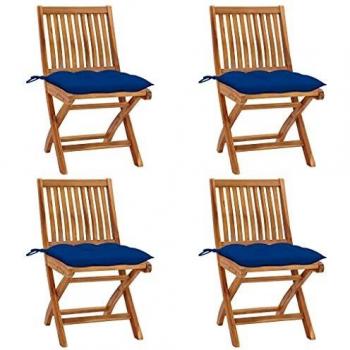 Folding Garden Chairs with Cushions - Set of 4 - Solid Teak Wood - Blue
