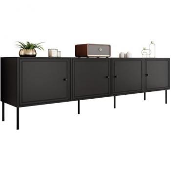 Mueble TV Charlotte T103, Negro, 201x60x40cm, con cuatro puertas y patas de metal