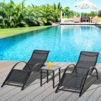 Outsunny Set de 2 Tumbonas Ajustables con Reposabrazos y Mesa Auxiliar de Vidrio Templado, Medidas Tumbonas: 59x169x66 cm, Medidas Mesa: 41x41