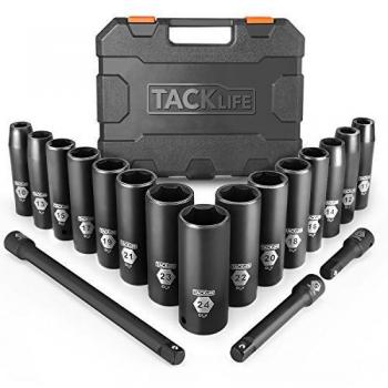 TACKLIFE Juego de Llaves de Vaso de Impacto Profundo de 1/2 de Pulgada Profesionales, 18 Piezas, Vaso de Impacto, Máximo 6 Puntos torque, de Cromo Vanadio Adecuado, para Maquinaria Grande - HIS1A