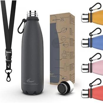 Daikoku Botella Acero Inoxidable + Cinta ajustable + Mosquetón, Termo Doble Pared Libre de BPA, Botella Agua Reutilizable, Tapón Hermético, Color Gris, Capacidad 500 ML