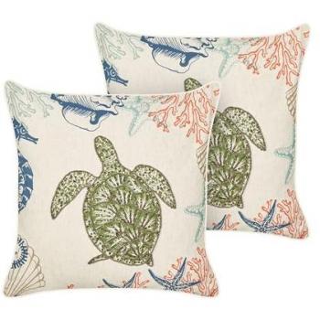 Conjunto de 2 cojines cuadrados de lino beige con motivo tortuga marina, relleno de poliéster, 45 x 45 cm
