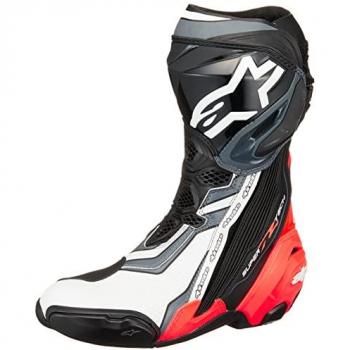 Alpinestars Supertech R Motorcycle Boots - Black/Fluorescent Red/White/Grey, Size 42