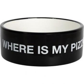 Comedero y bebedero de cerámica Fisura original con mensaje Where is my pizza - 750 ml, dimensiones 16 x 16 x 6 cm