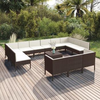 14-Piece Brown Poly Rattan Garden Lounge Set with Cushions