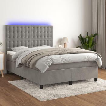 Colchón box spring de muelles y terciopelo gris claro con LED 140x200 cm