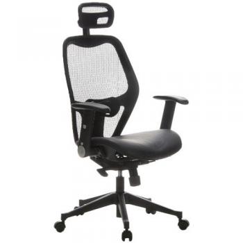 hjh OFFICE 653010 Silla de Oficina Air-Port Cuero/Malla Negro, Silla giratoria, ergonómica, apoyabrazos Plegables, reposacabezas, Soporte Lumbar