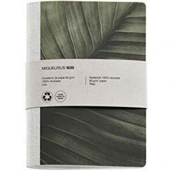 Miquelrius - Cuaderno Reciclado, Encuadernación con Grapa y Lomo de Tela, Tamaño 152 x 210 mm, 56 Páginas Lisas de 80 g/m², Diseño Hoja