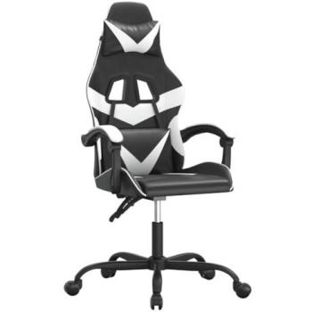 Silla gaming giratoria cuero sintético negro y blanco con reposabrazos, inclinación alta ajustable y ruedas para oficina, sala de estar y trabajo
