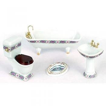 Melody Jane Casa de Muñecas Blanco Juego de Baño con Oro Rosa Borde Porcelana Conjunto de Muebles