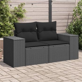 Sofá de jardín 2 plazas con almohadas en Polyrattan negro