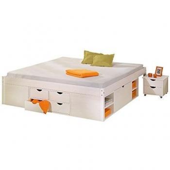 Cama multifuncional blanca de pino macizo con almacenamiento y cabecera, 140x190 cm