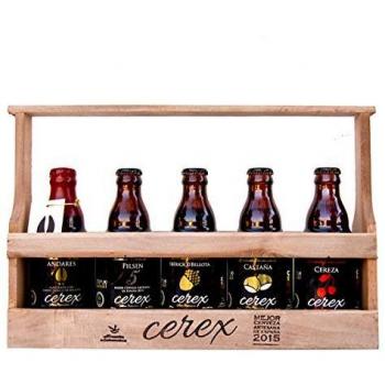 CEREX- Pack Degustación de 5 Cervezas Artesanas Españolas con caja regalo de presentación en madera – Cerveza de Cereza, Castaña, Ibérica de Bellota, Pilsen y Andares