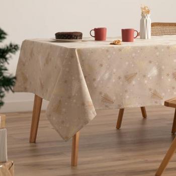 Mantel Rectangular de Navidad en Algodón Jacquard Beige y Oro 140x240 cm