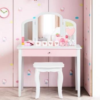Kids' Princess Make-up Dressing Table Set with Tri-Folding Mirror and Chair in Pink