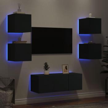 Mueble de TV de pared con LED, 6 piezas, madera de ingeniería, color negro