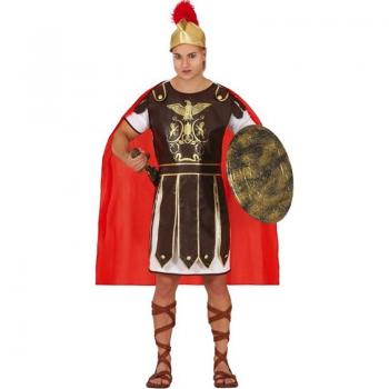 Disfraz de Guerrero Romano para hombre - incluye túnica roja, capa negra, cinturón dorado, casco con plumas y sandalias