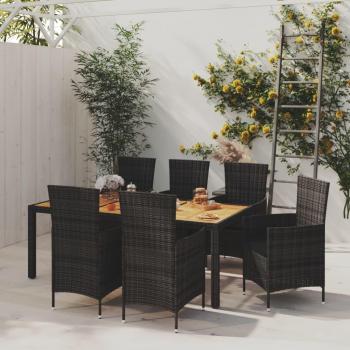 Juego de comedor de jardín 7 piezas con almohadas de Polyrattan negro