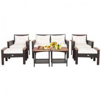 7-Piece Patio Rattan Cushioned Conversation Furniture Set