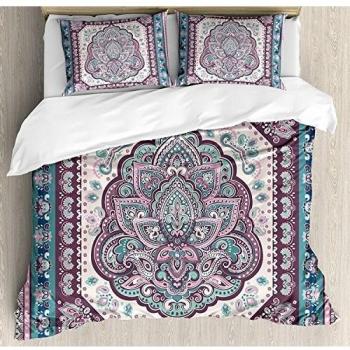 Juego de sábanas étnicas de 3 piezas Juego de funda nórdica, Mandala hippie bohemia Diseño árabe oriental de Paisley árabe, Juego de fundas de edredón / Qulit de 3 piezas con 2 fundas de almohada, Púr