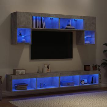Mueble de TV de pared con LED 6 piezas en gris cemento, madera ingenierizada