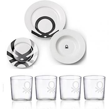 Vajilla 18 pcs y 4 Vasos de Agua de Cristal United Colors of Benetton, Loza, Transparente