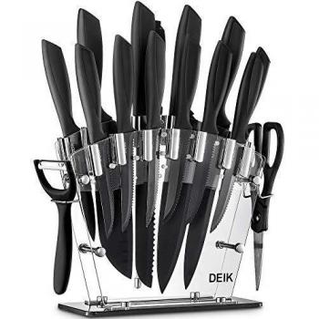 Deik Juego de Cuchillos de Cocina con Soporte Acrílico | 16 Piezas Set Cuchillos Cocina | Negro BO Oxidación Acero Inoxidable de Alto Carbono - Súper Afilado, Antioxidante y Anticorrosión