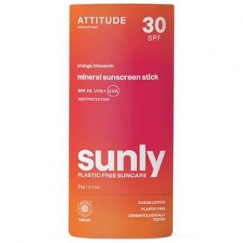 Attitude Sunly Sunscreen Stick SPF 30 - Orange Blossom, Mineral sun cream in a stick, 60 g, with Zinc Oxide, EWG Verified, Plastic-Free, Broad Spectrum UVA/UVB Protection, Dermatologically Tested, Vegan