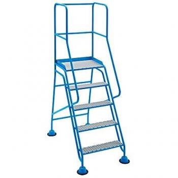 Escalera Rodante Pro Eurokraft con Tarima y 5 Escalones, Seguridad con Pasamanos y Rejilla de Antideslizante