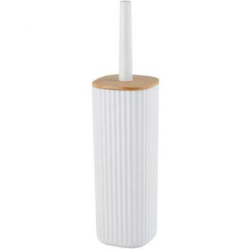 Escobillero de WC blanco de bambú serie Rotello con diseño moderno y elegante, incluye soporte resistente, cepillo de cerdas duraderas y fácil acceso para limpieza