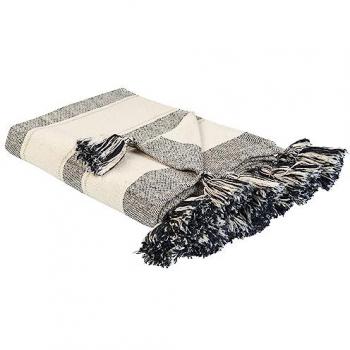 Manta de Algodón Beige y Gris 130 x 170 cm con Patrón Rayado y Flecos Decorativos Hecha a Mano