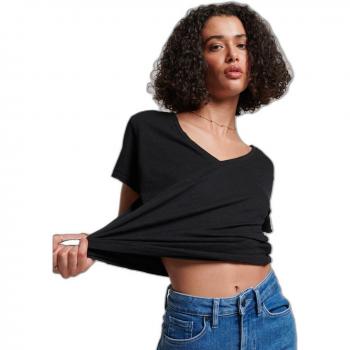 Camiseta de manga corta con cuello pico Superdry Studios Slub bordada negra para mujer