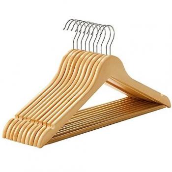 SONGMICS Perchas de Madera para Trajes, Juego de 10, Madera Maciza, Hombros con Muescas, Antideslizantes para Chaquetas, Camisas, Pantalones, Gancho Giratorio de 360°, Color Natural CRW001-10