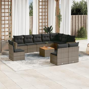 11-Piece Grey Poly Rattan Garden Sofa Set with Cushions