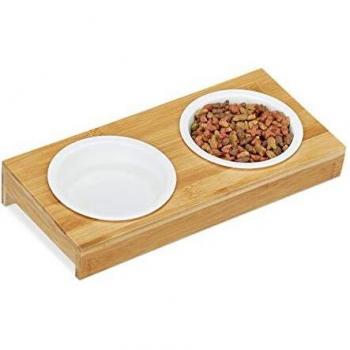 Estación de Alimentación para Mascotas, Comedero Doble Elevado, 2 Platos de Cerámica 200 ml, Apto para Lavavajillas, Soporte de Bambú Natural/Blanco