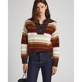 Jersey Pepe Jeans Dasha de Rayas Marrón con Cuello Polo para Mujer