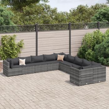 10-Piece Grey Poly Rattan Garden Sofa Set with Cushions