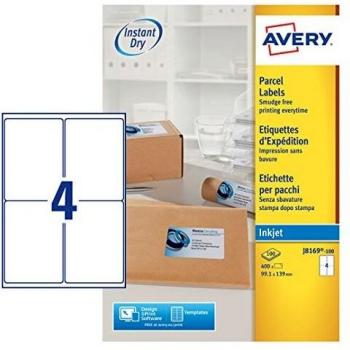 Etiquetas de Impresora Avery Inkjet 139x99.1mm Blancas (Pack de 400, 4 por Hoja) J8169-100