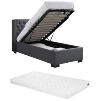 Cama con arcón 90 x 200 cm y cabecero tapizado en tela gris + colchón Massimo