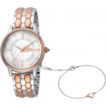 Reloj Just Cavalli Set Emozioni JC1L149M0085 - Reloj de mujer con caja de acero inoxidable, correa de piel, esfera plateada, cristal mineral, resistencia al agua hasta 50 metros y diseño elegante