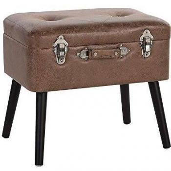 Taburete de piel sintética marrón con almacenaje, tapizado, patas negras, diseño de maleta abotonado Mallard