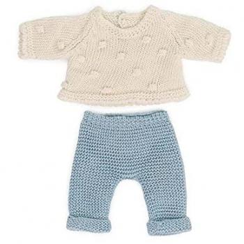 Conjunto de Ropa de Punto para Muñeco Bebé 21cm - Jersey con Topitos Blanco y Pantalón Azul, Fabricado con Materiales Reciclados