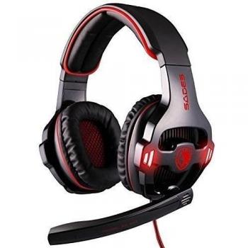Sades SA-903 Auriculares de diadema con micrófono para videojuegos, sistema de sonido 7.1 Surround, controles en el cable, conexión vía USB, cable de 3 m, Negro y rojo